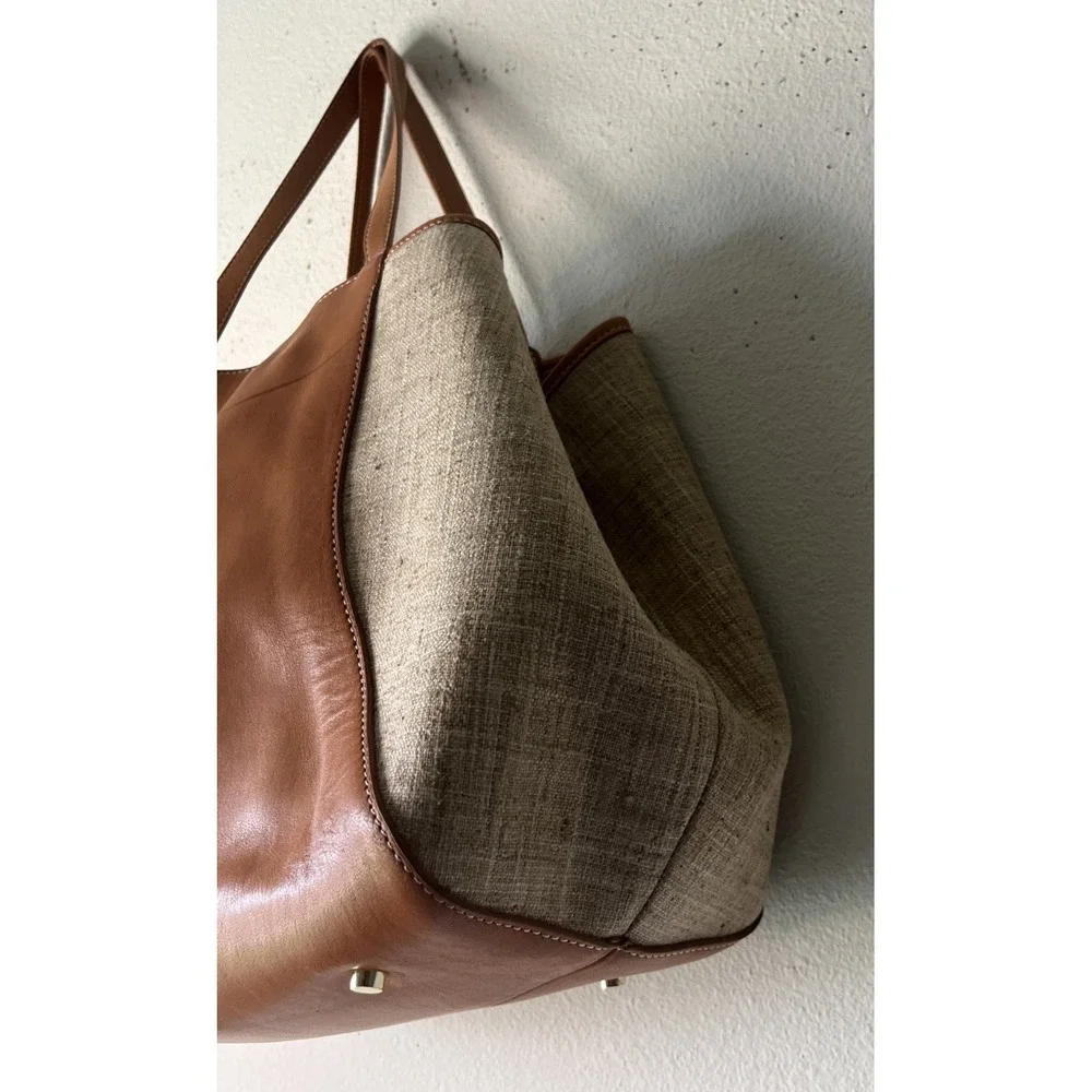 J. McLaughlin Tan Leather and Beige Canvas Hobo Bag